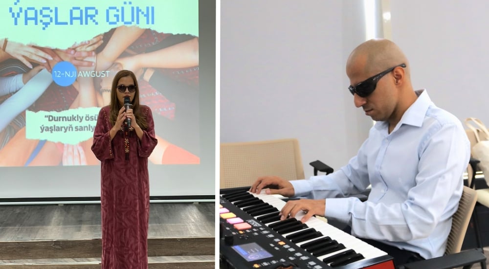 Collage photo of singing woman and a man with musical instrument