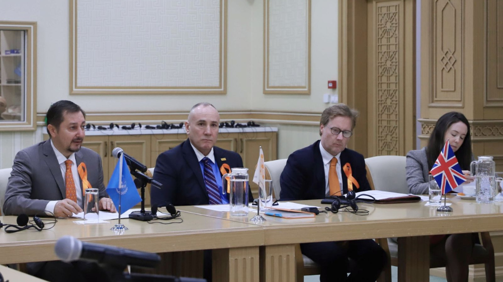 Speakers of the launch event. From left to right: Mr. Dmitry Shlapachenko, UN Resident Coordinator in Turkmenistan, Kemal Goshliyev, UNFPA Head of Office, Mr. Stephen CONLON, British Ambassador to Turkmenistan, Ms. Emily Robinson, Deputy Head of Mission, British Embassy in Turkmenistan