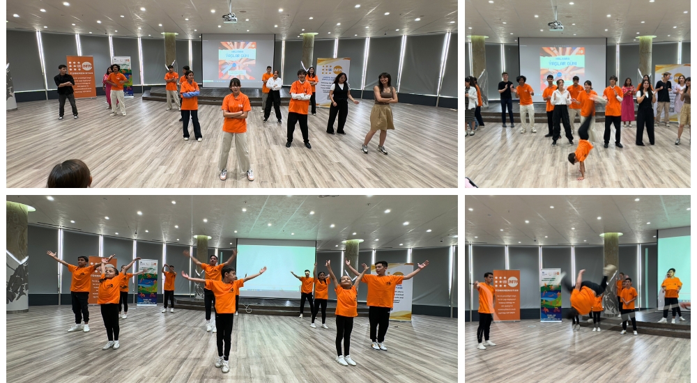 Collage photo of four images from gymnasts are performing and young people performing a flashmob