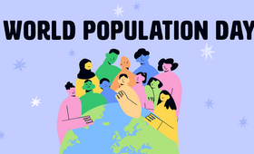 Banner with diverse group of people and a sign above that says "World population day"