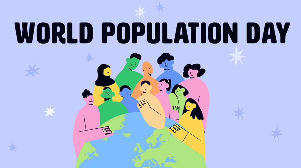 Banner with diverse group of people and a sign above that says "World population day"